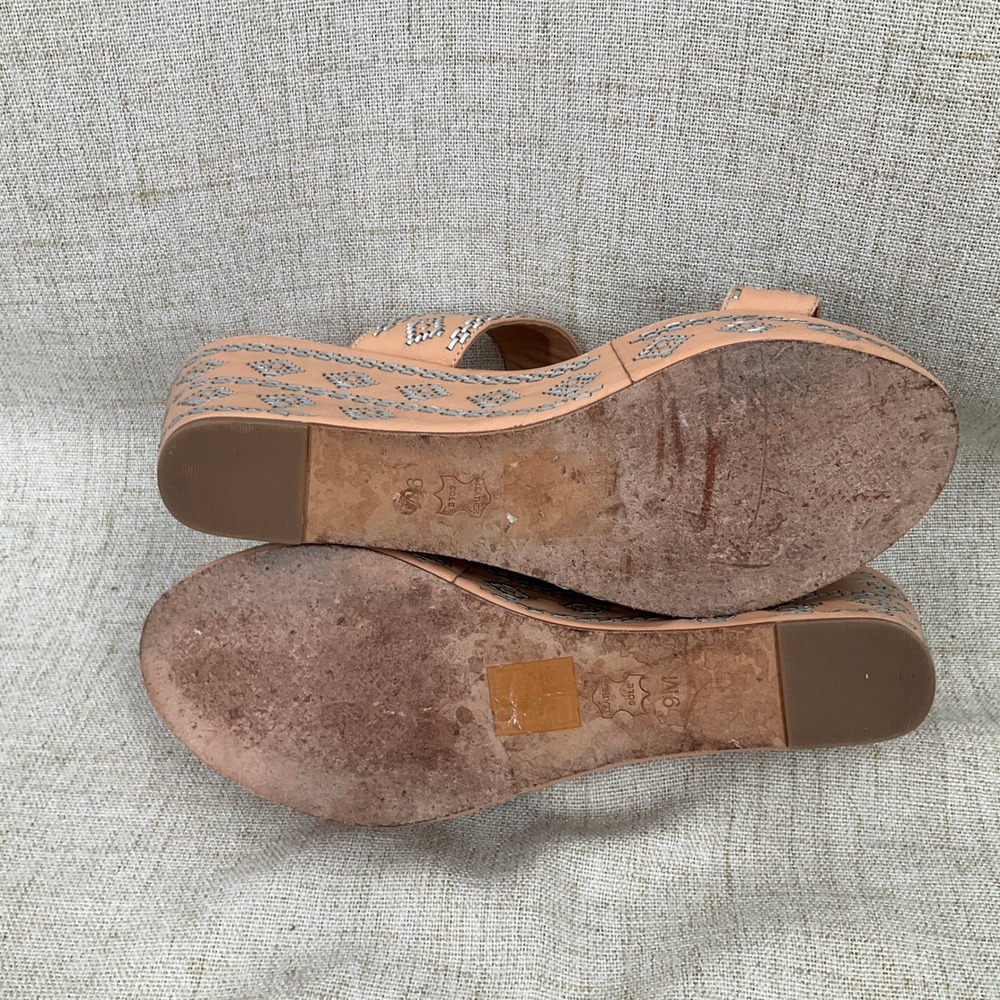 Tory Burch Reena Wedge Sandals Womens 9M Tan Leather Embroidered Platform - Picture 6 of 8
